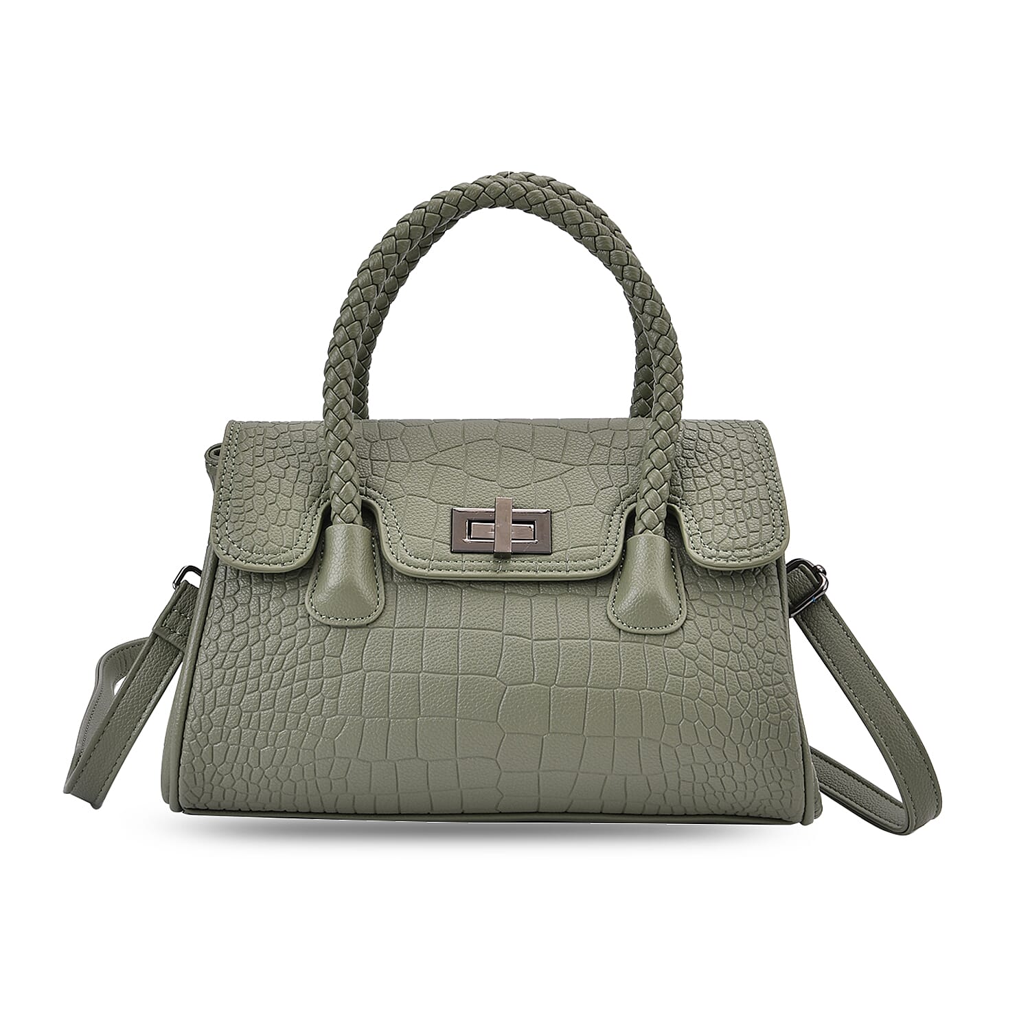 Elegant Croc Pattern Crossbody Bag with Braided Top Handle - Green