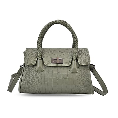 Elegant Croc Pattern Crossbody Bag with Braided Top Handle - Green