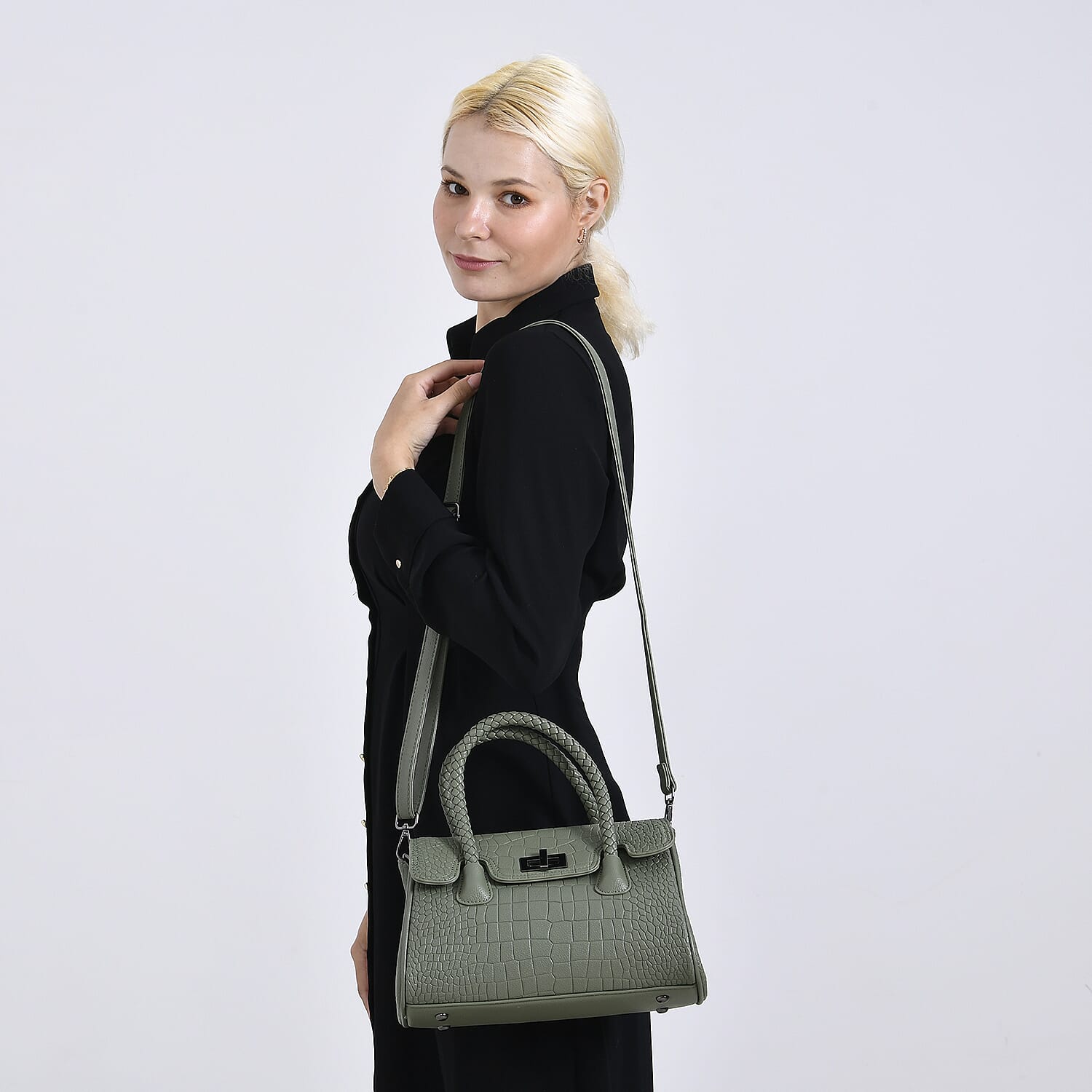 Elegant Croc Pattern Crossbody Bag with Braided Top Handle - Green