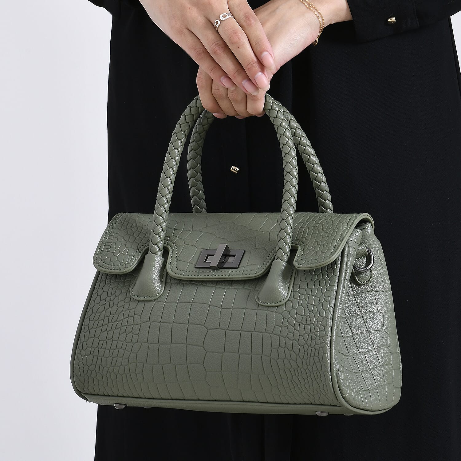 Elegant Croc Pattern Crossbody Bag with Braided Top Handle - Green