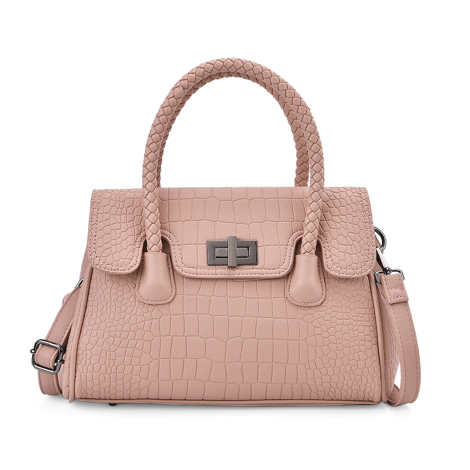 Elegant Croc Pattern Crossbody Bag with Braided Top Handle - Dusty Pink