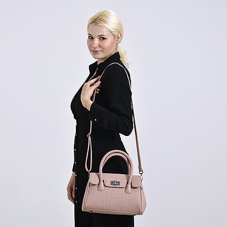 Elegant Croc Pattern Crossbody Bag with Braided Top Handle - Dusty Pink
