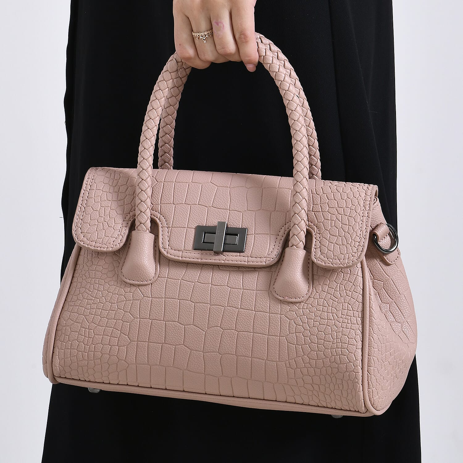 Elegant Croc Pattern Crossbody Bag with Braided Top Handle - Dusty Pink