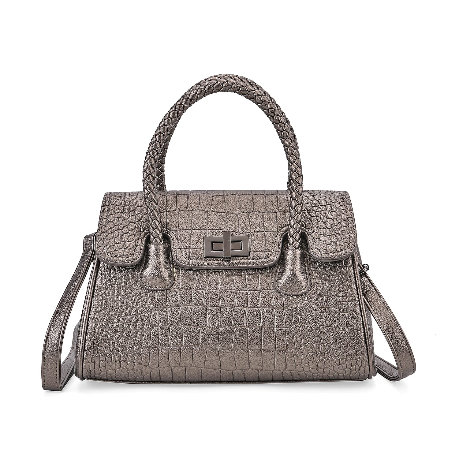Elegant Croc Pattern Crossbody Bag with Braided Top Handle - Gun Metal Grey