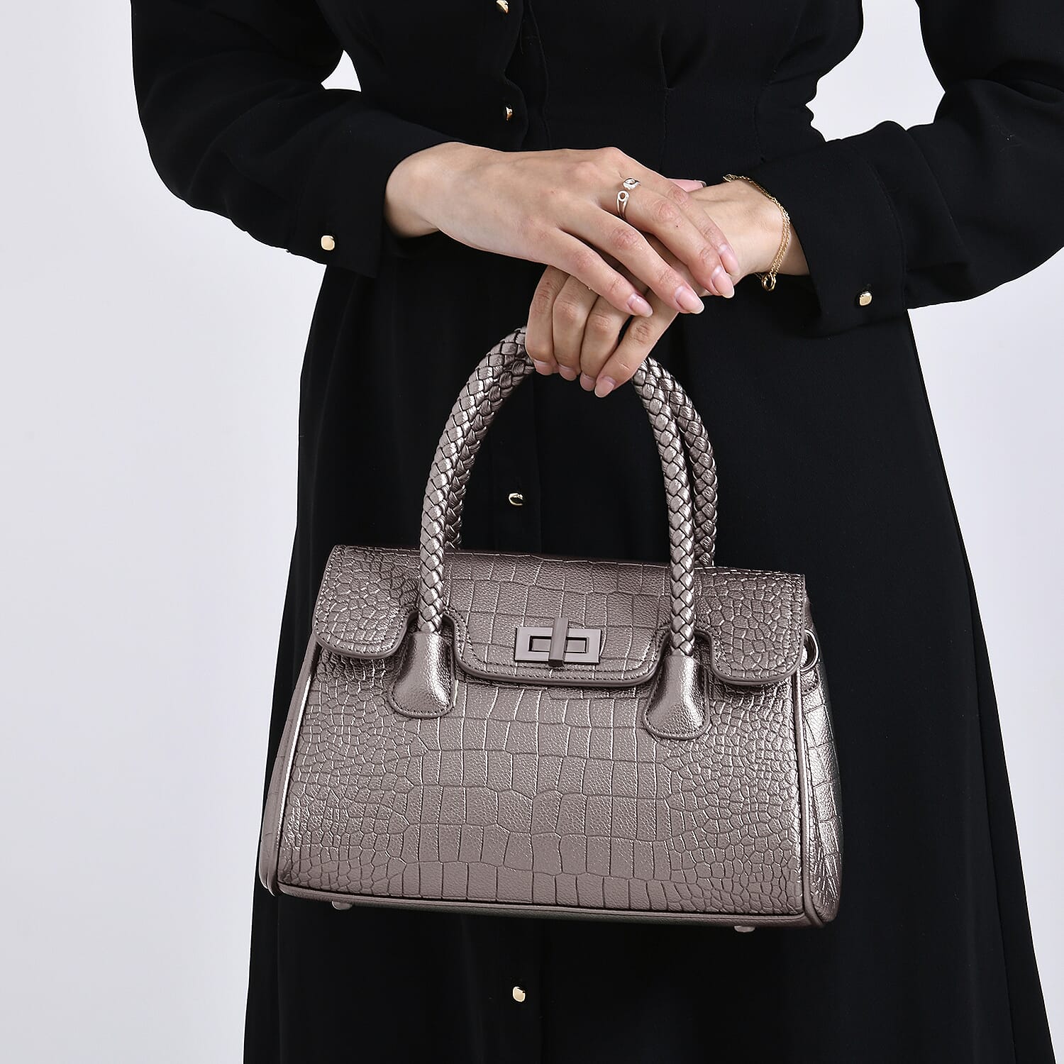 Elegant Croc Pattern Crossbody Bag with Braided Top Handle - Gun Metal Grey