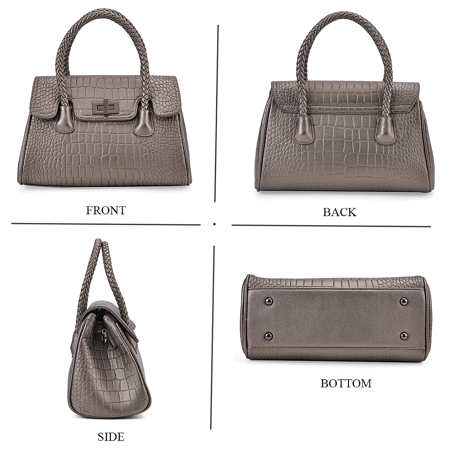 Elegant Croc Pattern Crossbody Bag with Braided Top Handle - Gun Metal Grey