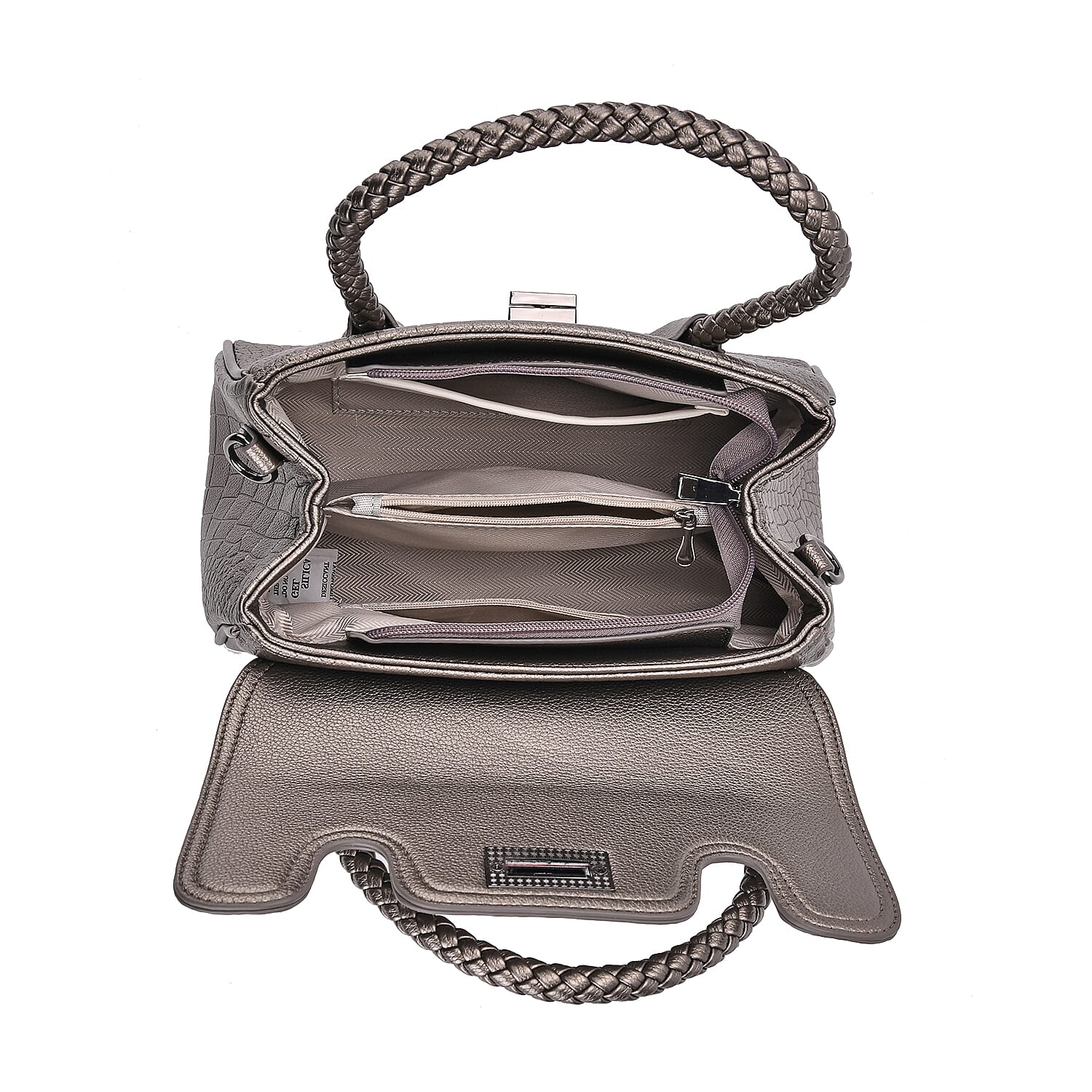 Elegant Croc Pattern Crossbody Bag with Braided Top Handle - Gun Metal Grey