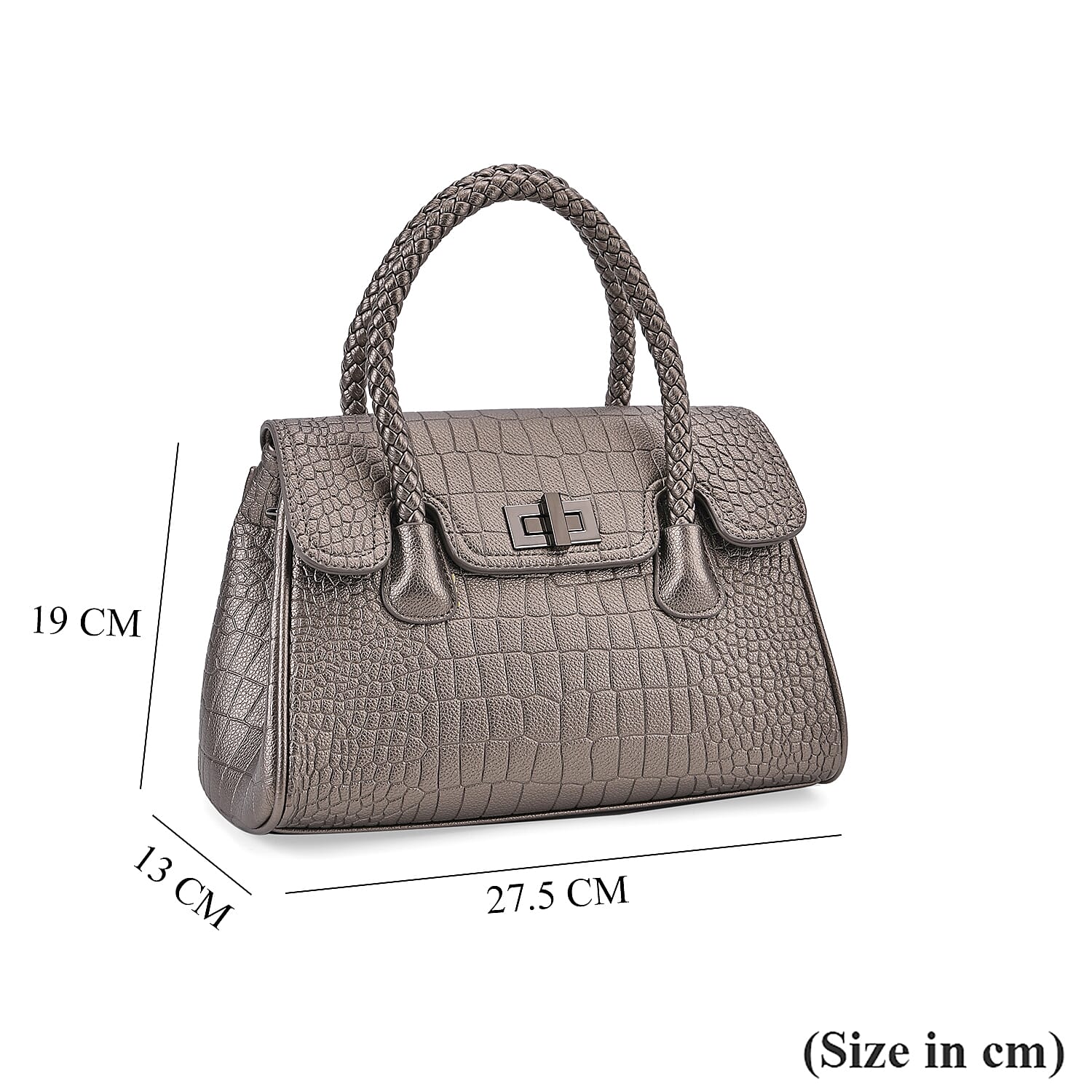 Elegant Croc Pattern Crossbody Bag with Braided Top Handle - Gun Metal Grey