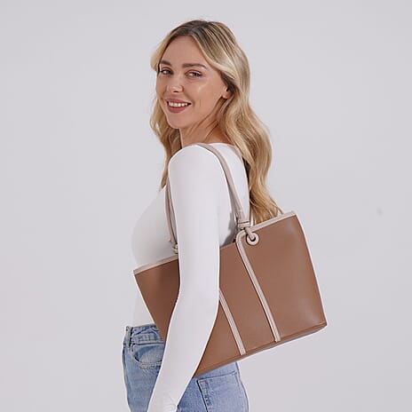 Elegant Two-Tone Tote Handbag for Everyday Use - Brown & Beige