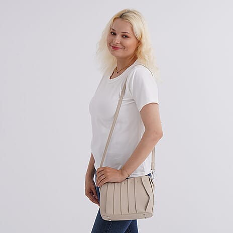 Crossbody Bag with Pleated Design & Top Handle - Beige