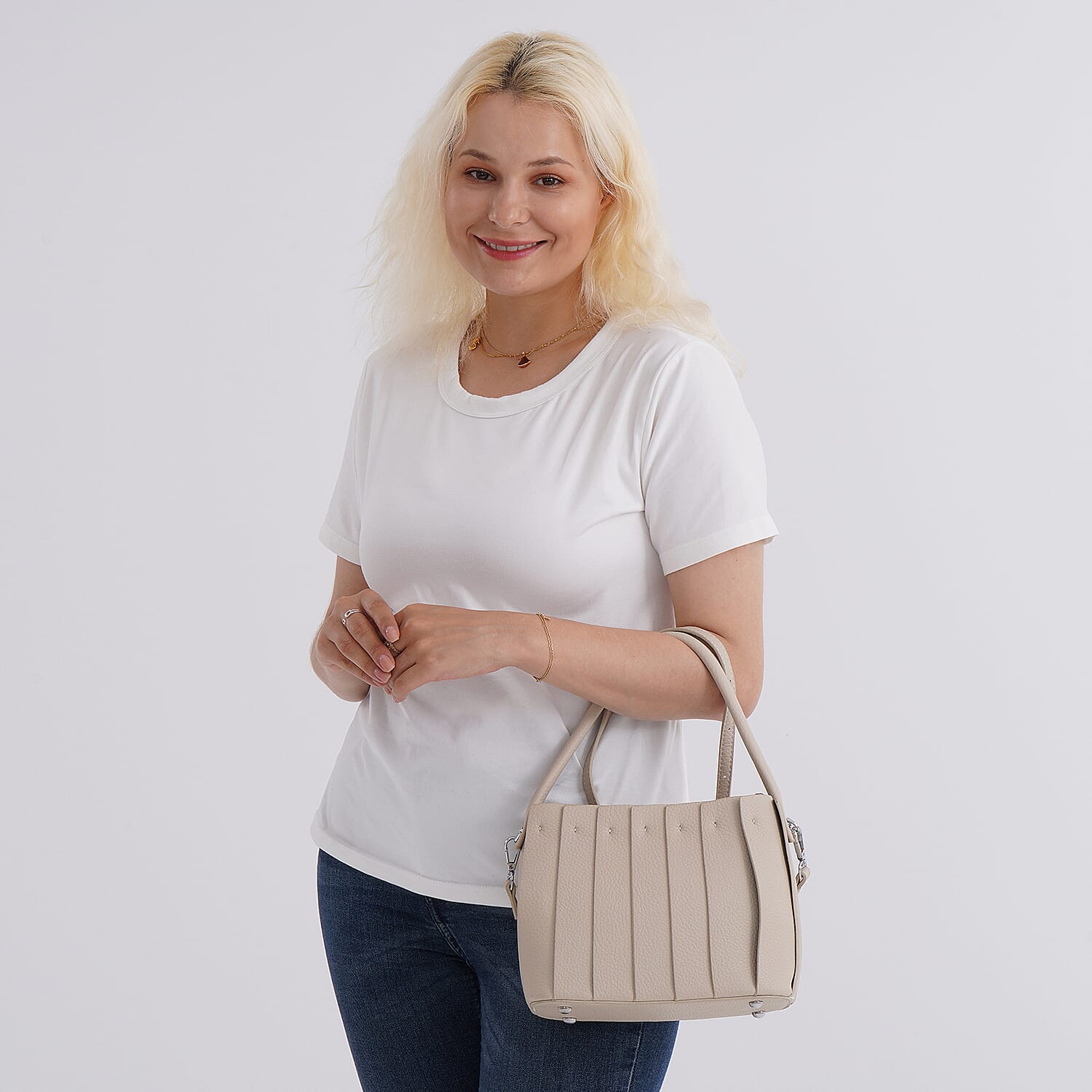 Crossbody Bag with Pleated Design & Top Handle - Beige