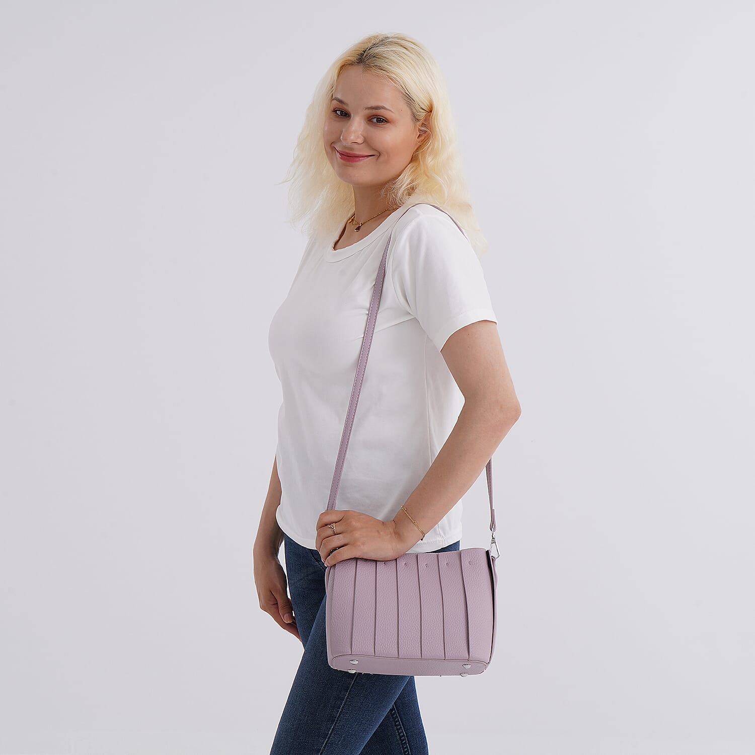 Crossbody Bag with Pleated Design & Top Handle - Purple