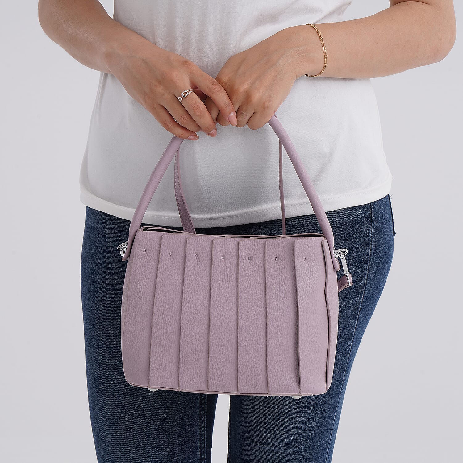 Crossbody Bag with Pleated Design & Top Handle - Purple