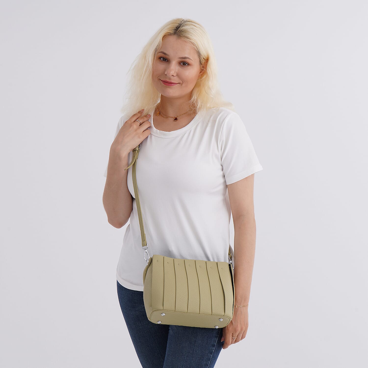 Crossbody Bag with Pleated Design & Top Handle - Green
