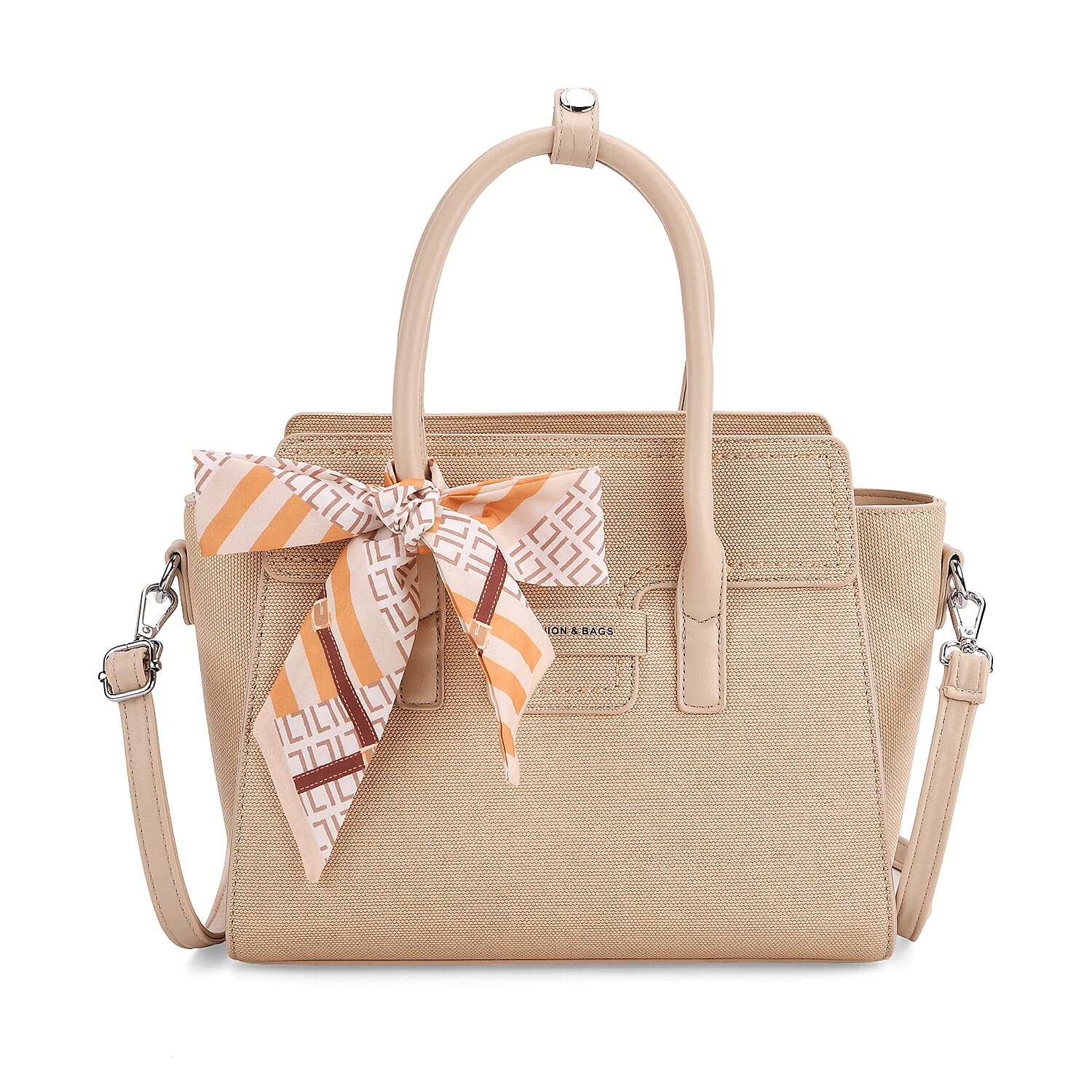 Fashion & Bags Leatherette Textured Crossbody Handbag with Scarf Accent & Adjustable Strap - Beige