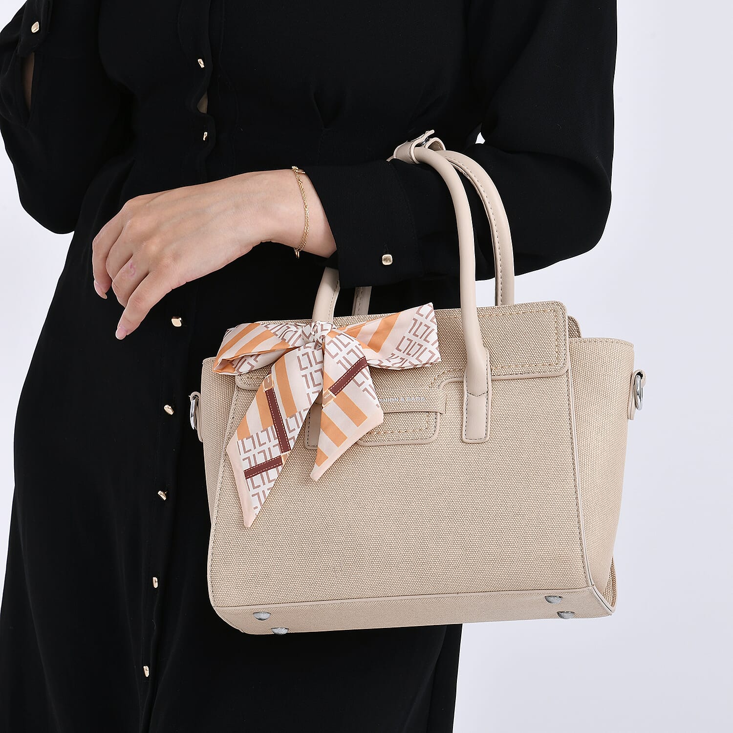 Fashion & Bags Leatherette Textured Crossbody Handbag with Scarf Accent & Adjustable Strap - Beige