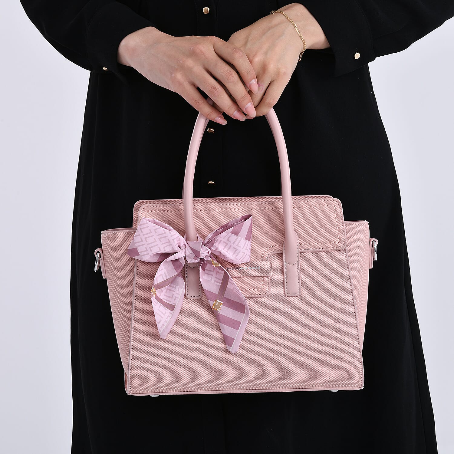 Fashion & Bags Leatherette Textured Crossbody Handbag with Scarf Accent & Adjustable Strap - Pink