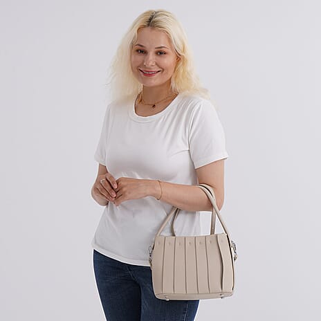 Designer inspired Womens Top Handle Shoulder Bag with Adjustable Strap - Beige