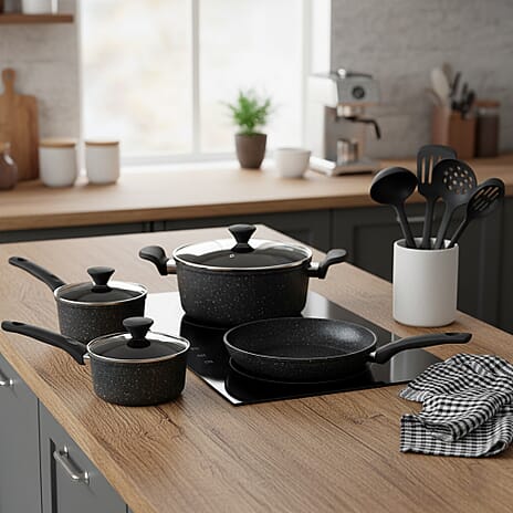 12 Piece Forged Carbon Cookware Set (Includes- 14cm Saucepan with Lid, 16cm Saucepan with Lid, 24cm Frying Pan, 24cm Casserole Pan with Lid, Slotted Turner, Ladle, Slotted Spoon, 2 Tea Towels)