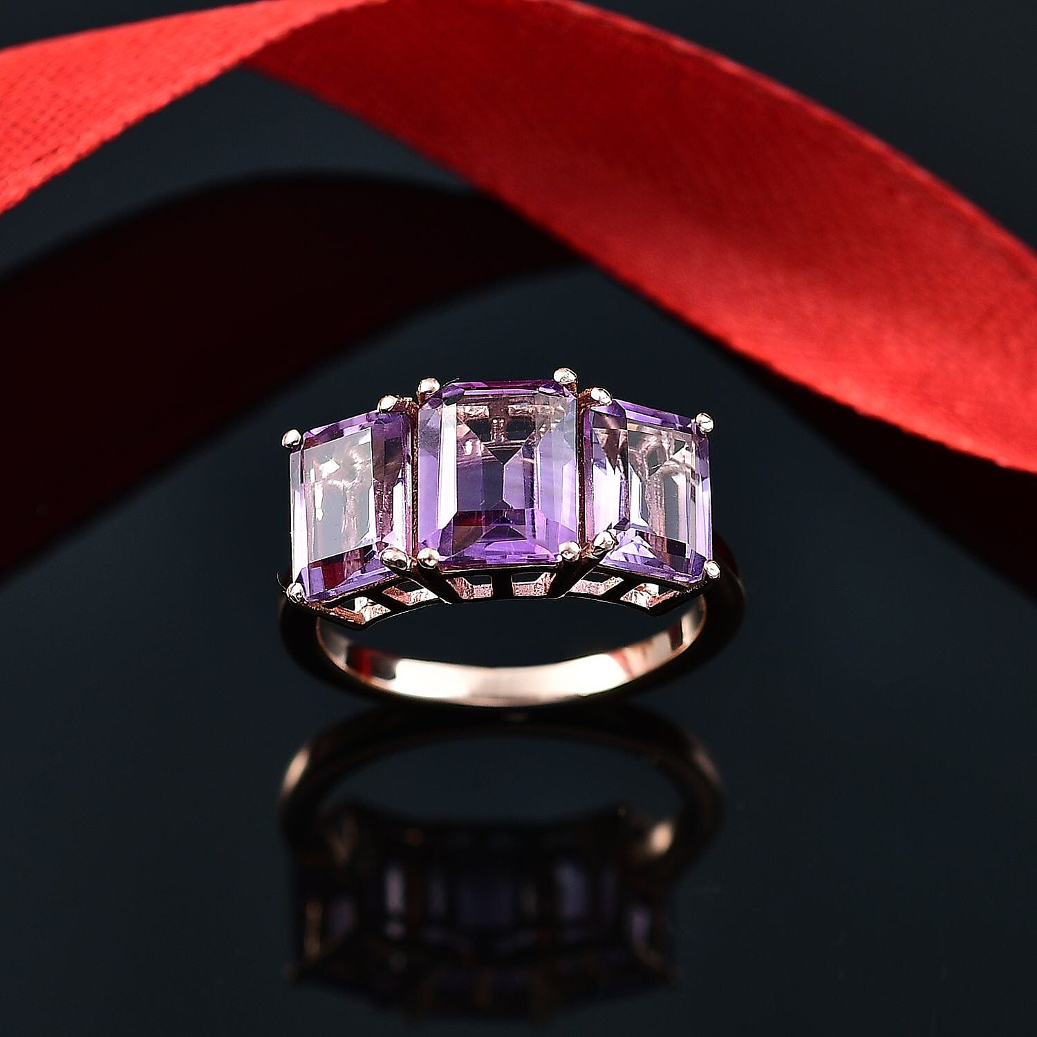 Pink Amethyst Trilogy Ring in 18K Vermeil Rose Gold Plated Sterling Silver 5.44 Ct.