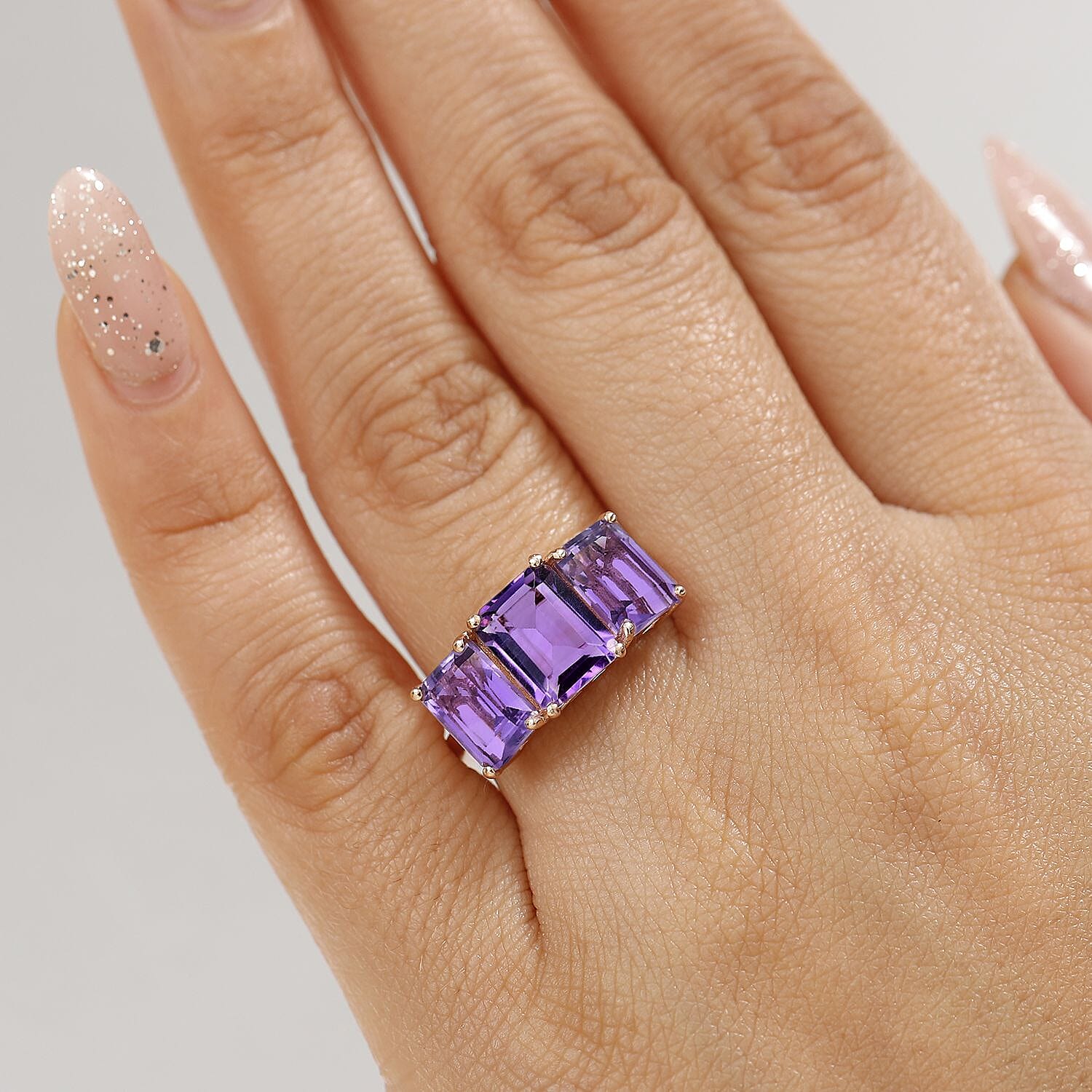 Pink Amethyst Trilogy Ring in 18K Vermeil Rose Gold Plated Sterling Silver 5.44 Ct.