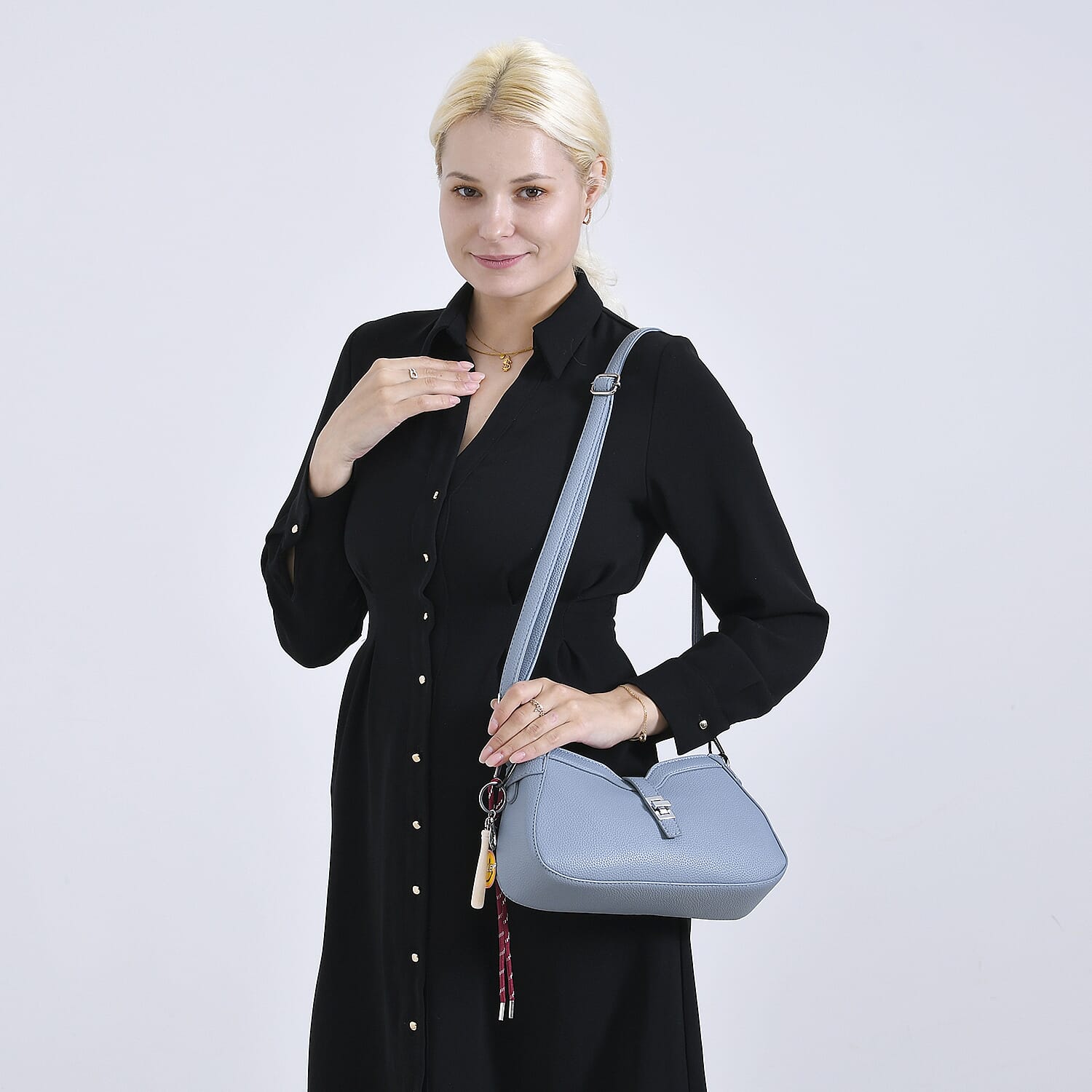 Designer Closeout - Super Soft Shoulder Bag with Charm Detail & Adjustable Strap - Light Stone Blue