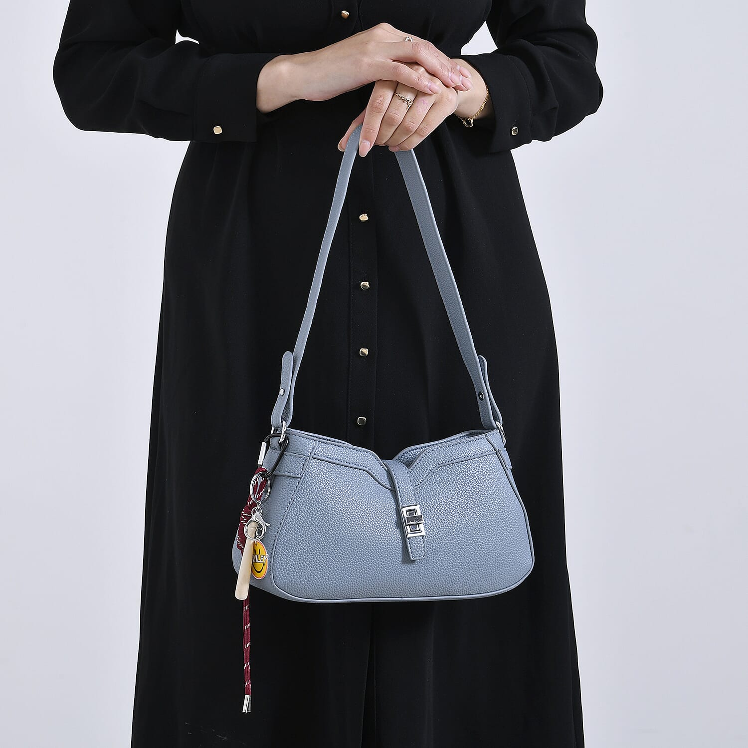 Designer Closeout - Super Soft Shoulder Bag with Charm Detail & Adjustable Strap - Light Stone Blue