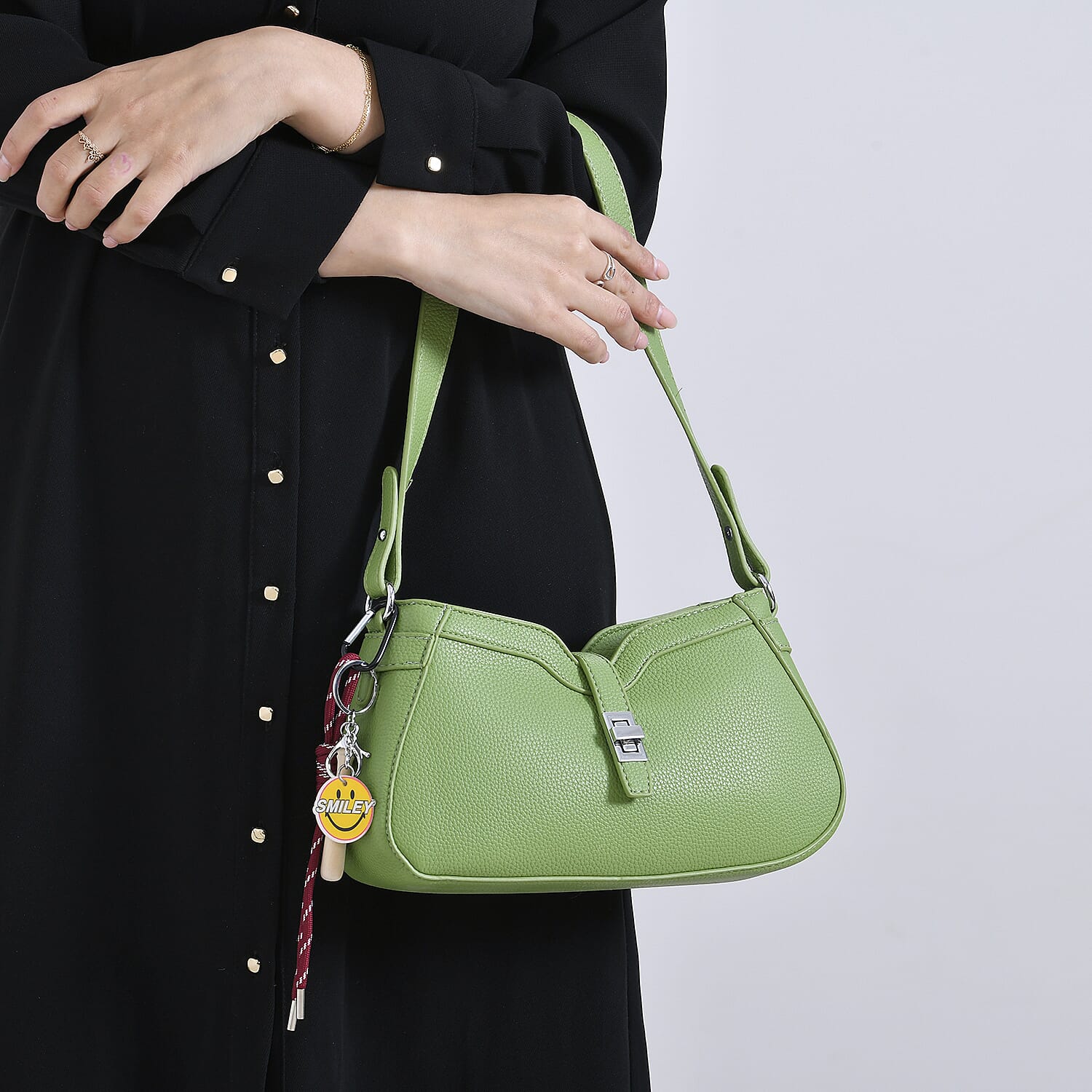 Designer Closeout - Super Soft Shoulder Bag with Charm Detail & Adjustable Strap - Green