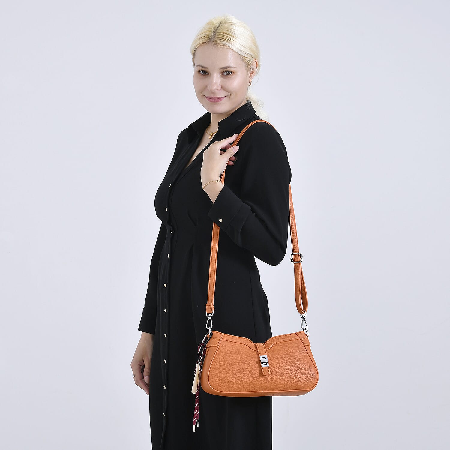 Designer Closeout - Super Soft Shoulder Bag with Charm Detail & Adjustable Strap - Orange