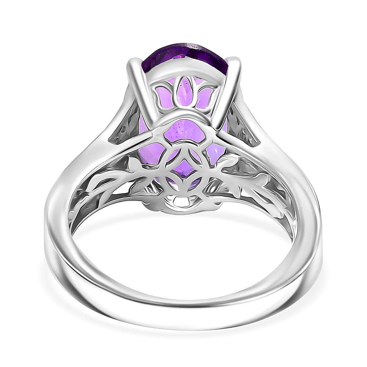 AAA Rose De France Amethyst & White Zircon Solitaire Ring in Rhodium Overlay Sterling Silver 5.68 Ct.