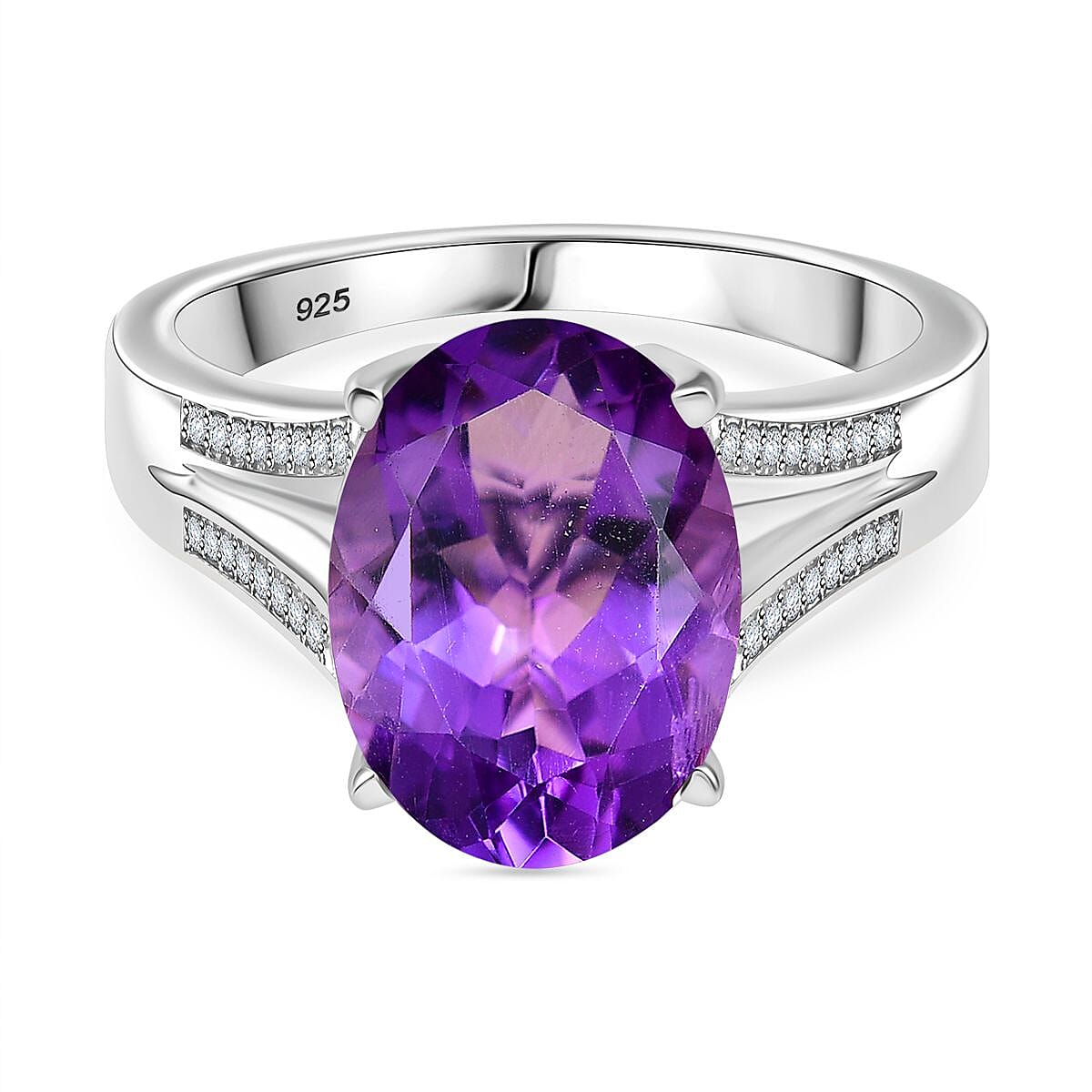 AAA Rose De France Amethyst and White Zircon Solitaire Ring in Rhodium Overlay Sterling Silver