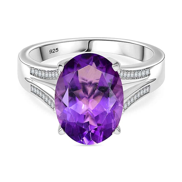 AAA Rose De France Amethyst and White Zircon Solitaire Ring in Rhodium Overlay Sterling Silver
