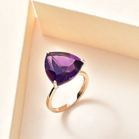 One Time Offer - 9K Yellow Gold AAA Zambian Amethyst Trillion Ring 8.95 Ct.