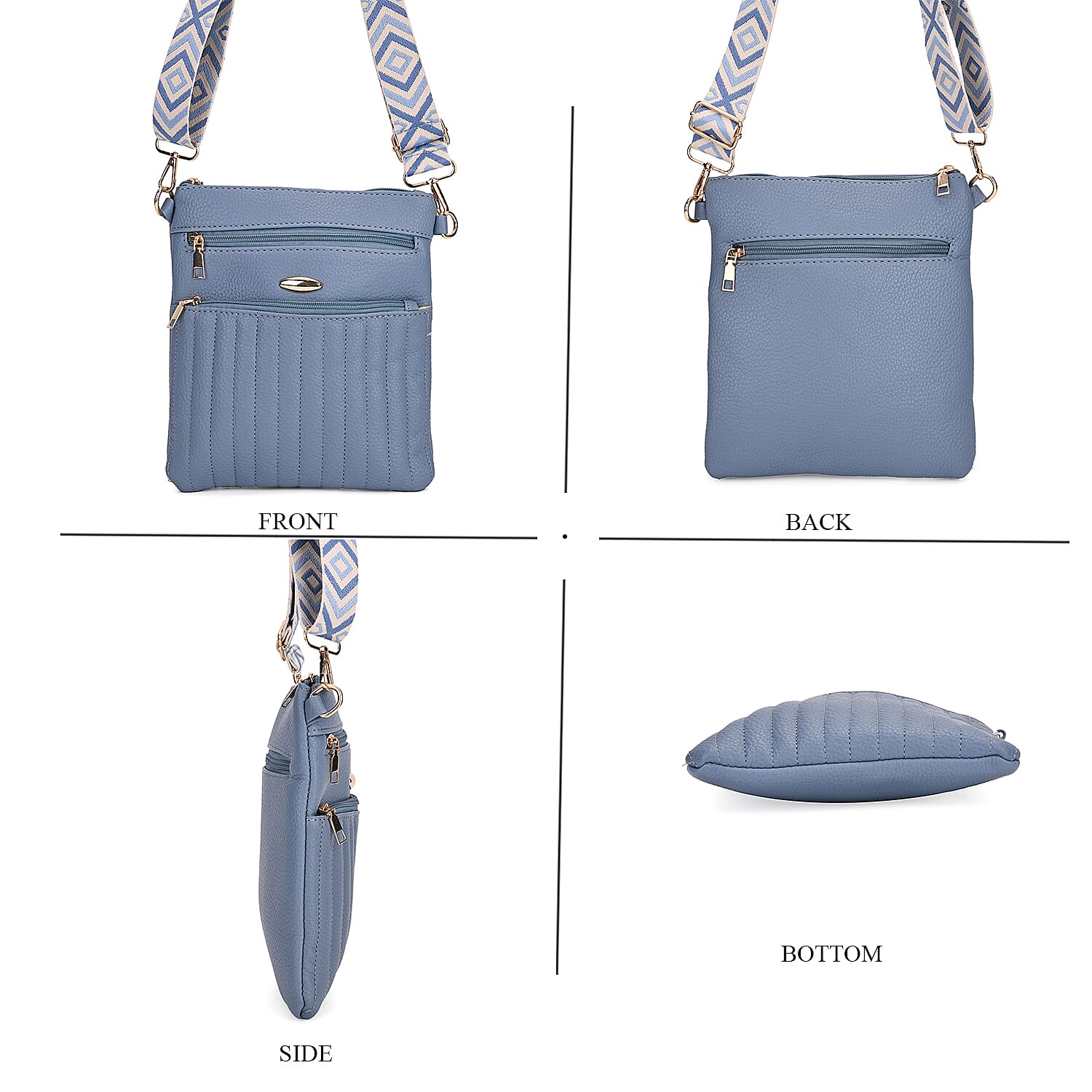 Lifestyle Crossbody Bag with Pleated Detail &amp; Patterned Strap - Denim Blue
