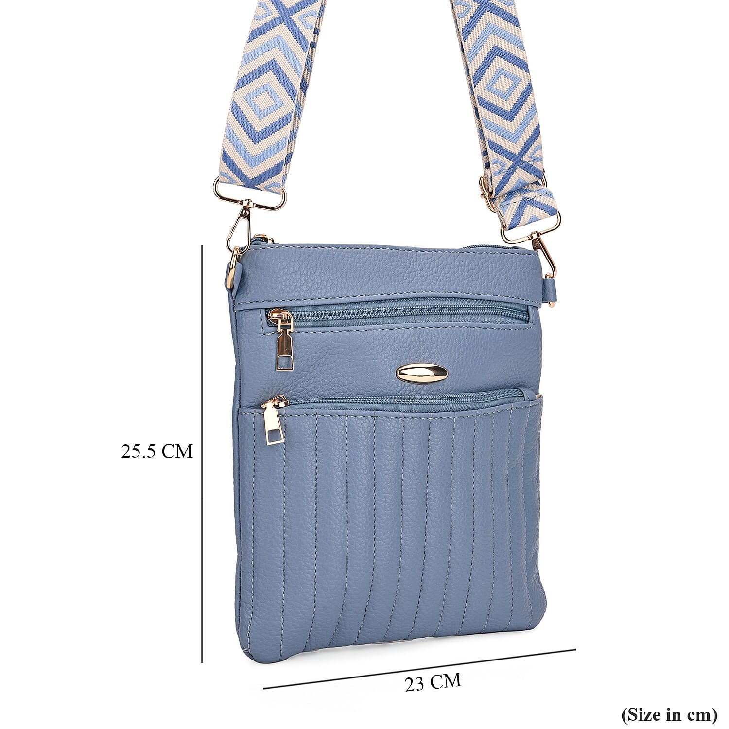 Lifestyle Crossbody Bag with Pleated Detail &amp; Patterned Strap - Denim Blue
