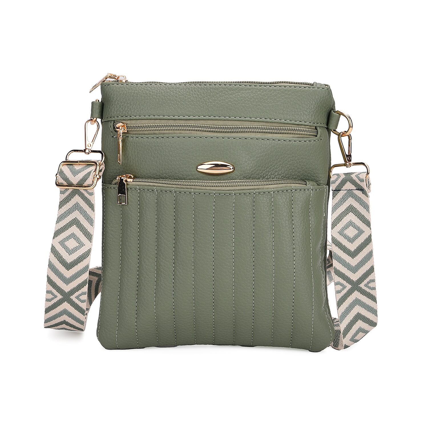 Lifestyle Crossbody Bag with Pleated Detail & Patterned Strap - Green