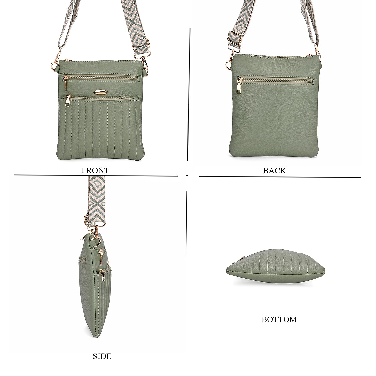 Lifestyle Crossbody Bag with Pleated Detail & Patterned Strap - Green