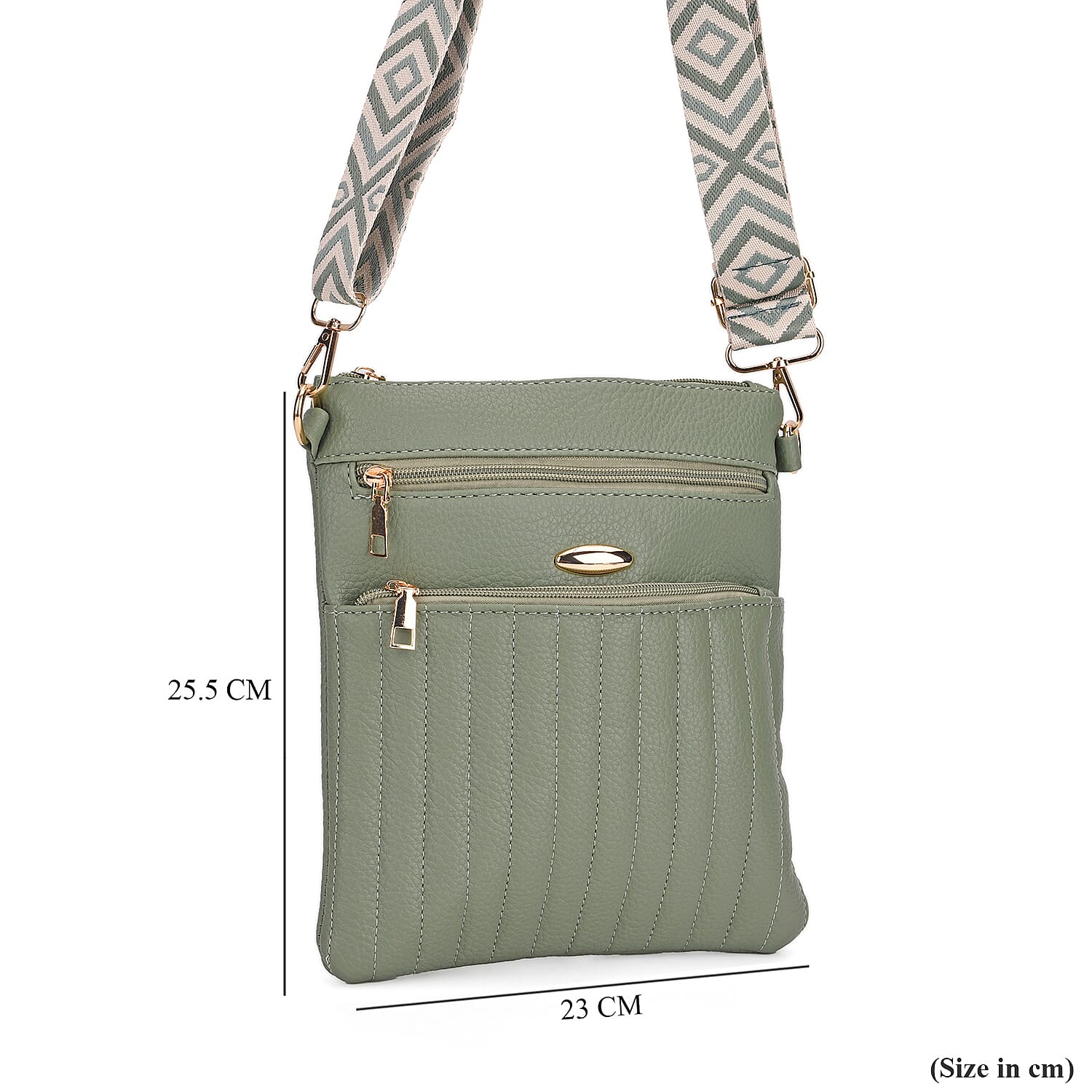 Lifestyle Crossbody Bag with Pleated Detail & Patterned Strap - Green