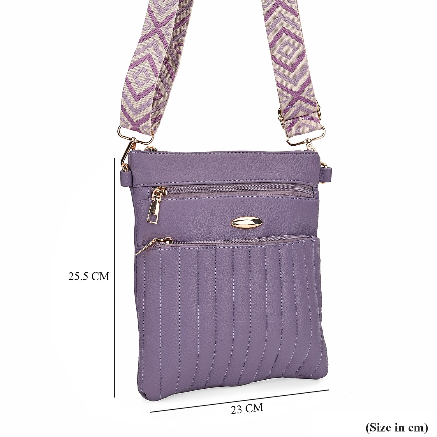 Lifestyle Crossbody Bag with Pleated Detail & Patterned Strap - Purple