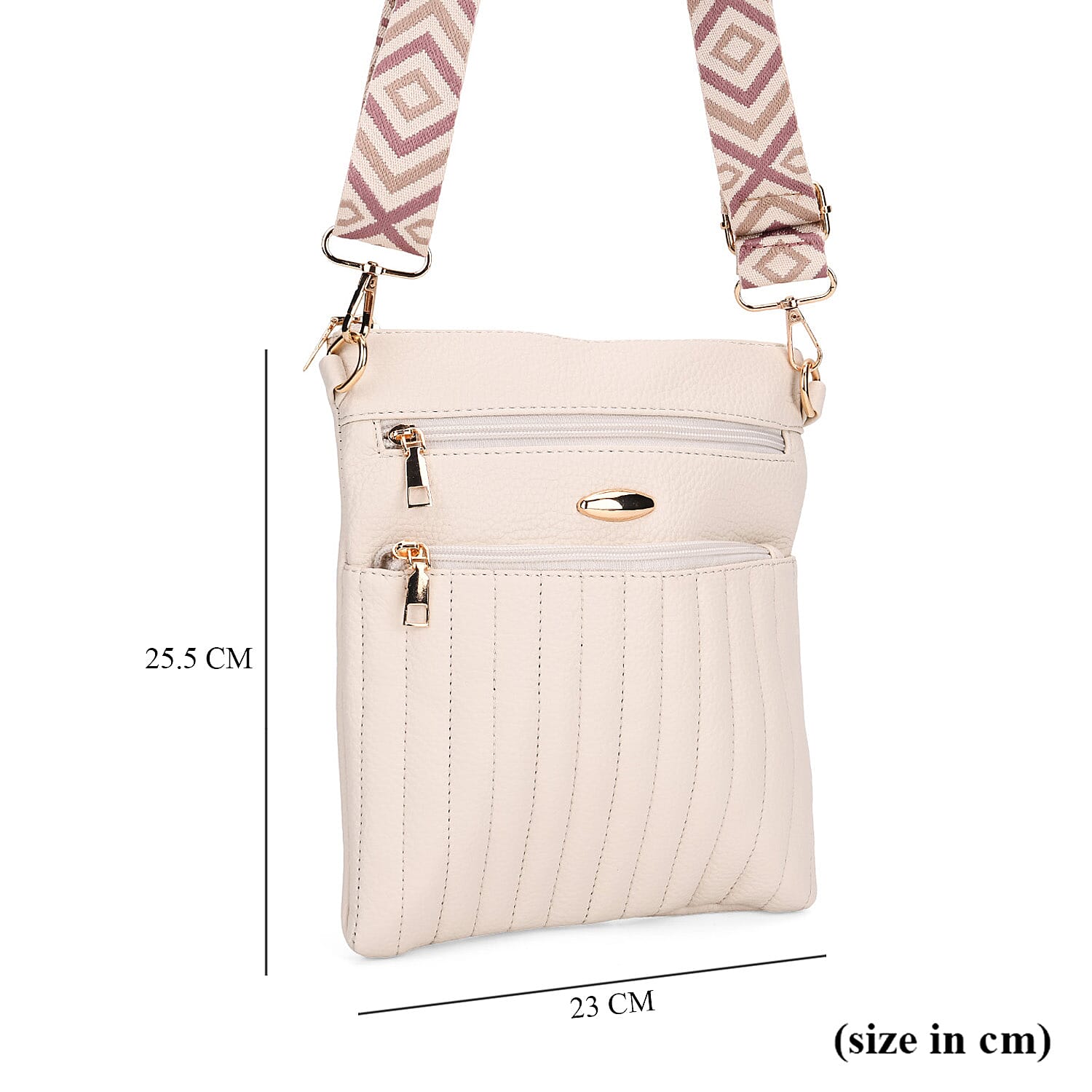 Lifestyle Crossbody Bag with Pleated Detail & Patterned Strap - Off White