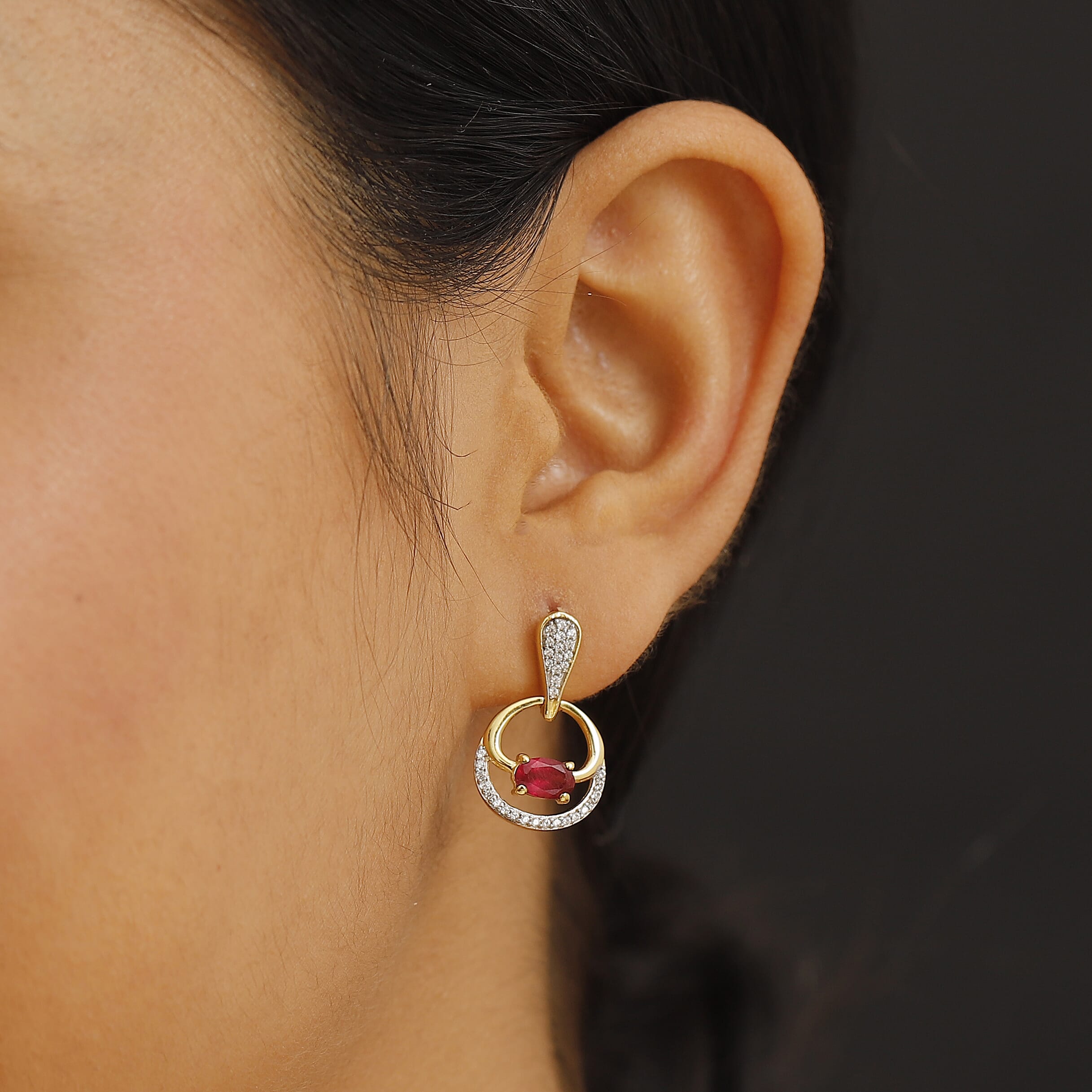 African Ruby & White Zircon Dangling Earring with Push Back in 18K Vermeil Yellow Gold Plated Sterling Silver 2.63 Ct.