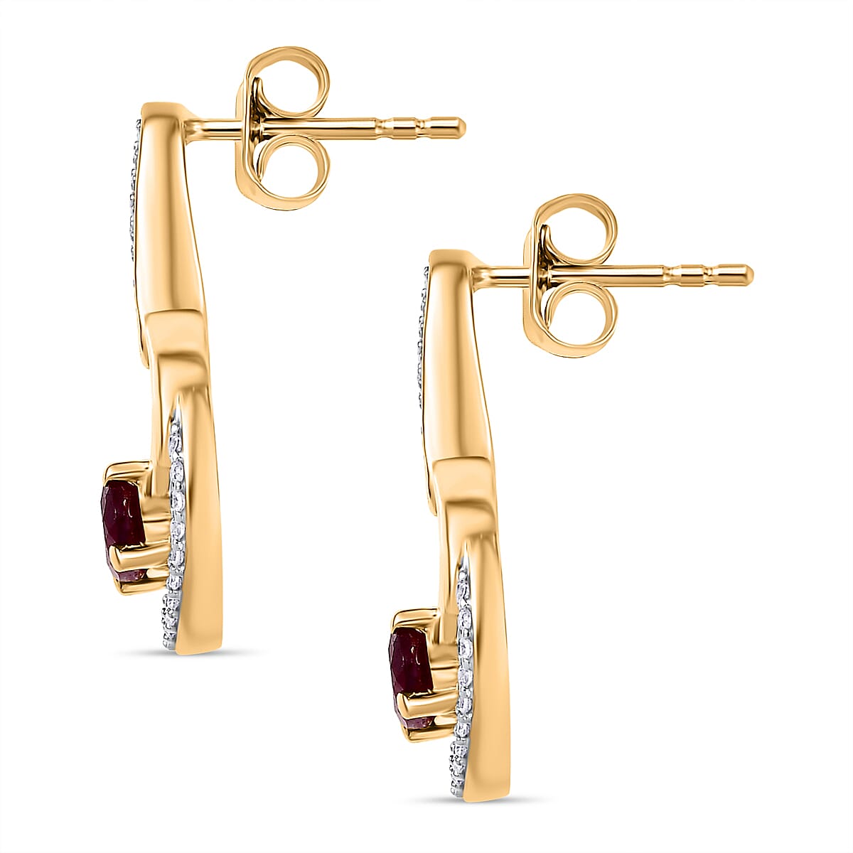 African Ruby & White Zircon Dangling Earring with Push Back in 18K Vermeil Yellow Gold Plated Sterling Silver 2.63 Ct.