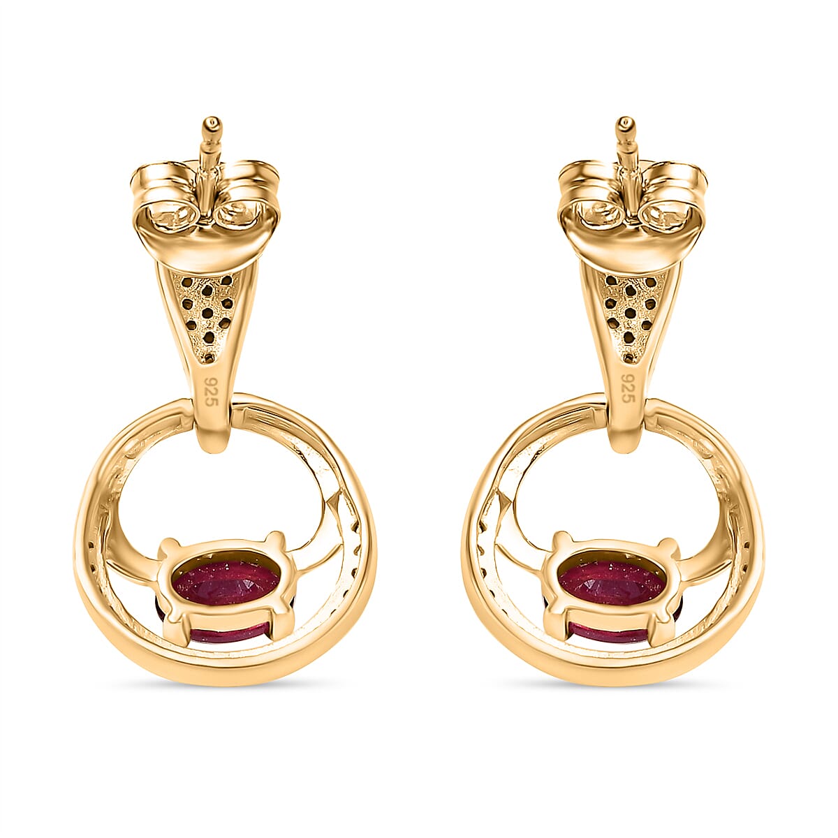 African Ruby & White Zircon Dangling Earring with Push Back in 18K Vermeil Yellow Gold Plated Sterling Silver 2.63 Ct.