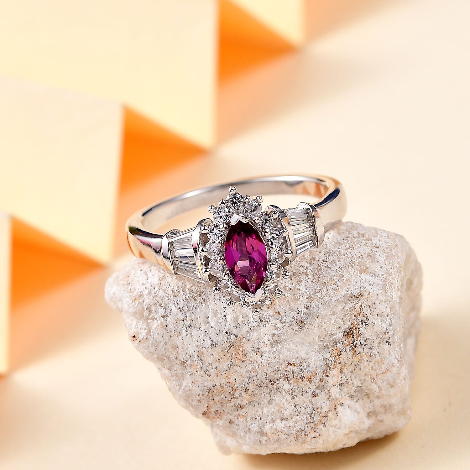 Natural Radiant Ember Garnet & White Zircon Ring in Rhodium Overlay Sterling Silver 1.90 Ct.