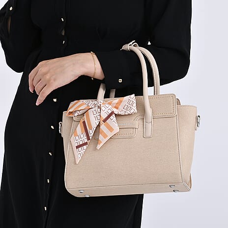 - Maisi Elegant Crossbody Bag with Scarf Trim - Shoulder Strap - Beige