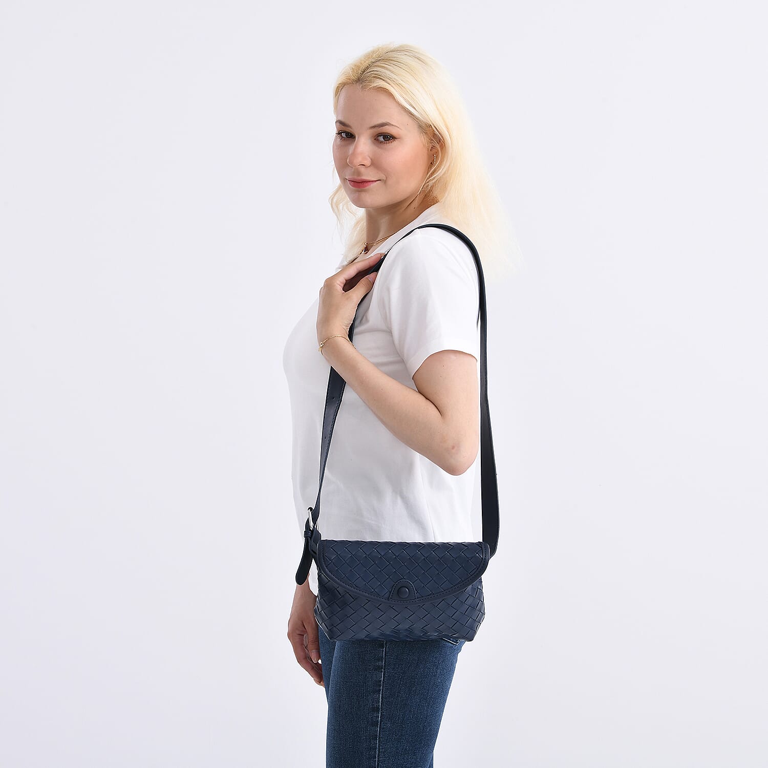 Elegant Intrecciato Crossbody Bag with Adjustable Strap - Navy