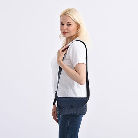 Elegant Intrecciato Crossbody Bag with Adjustable Strap - Navy