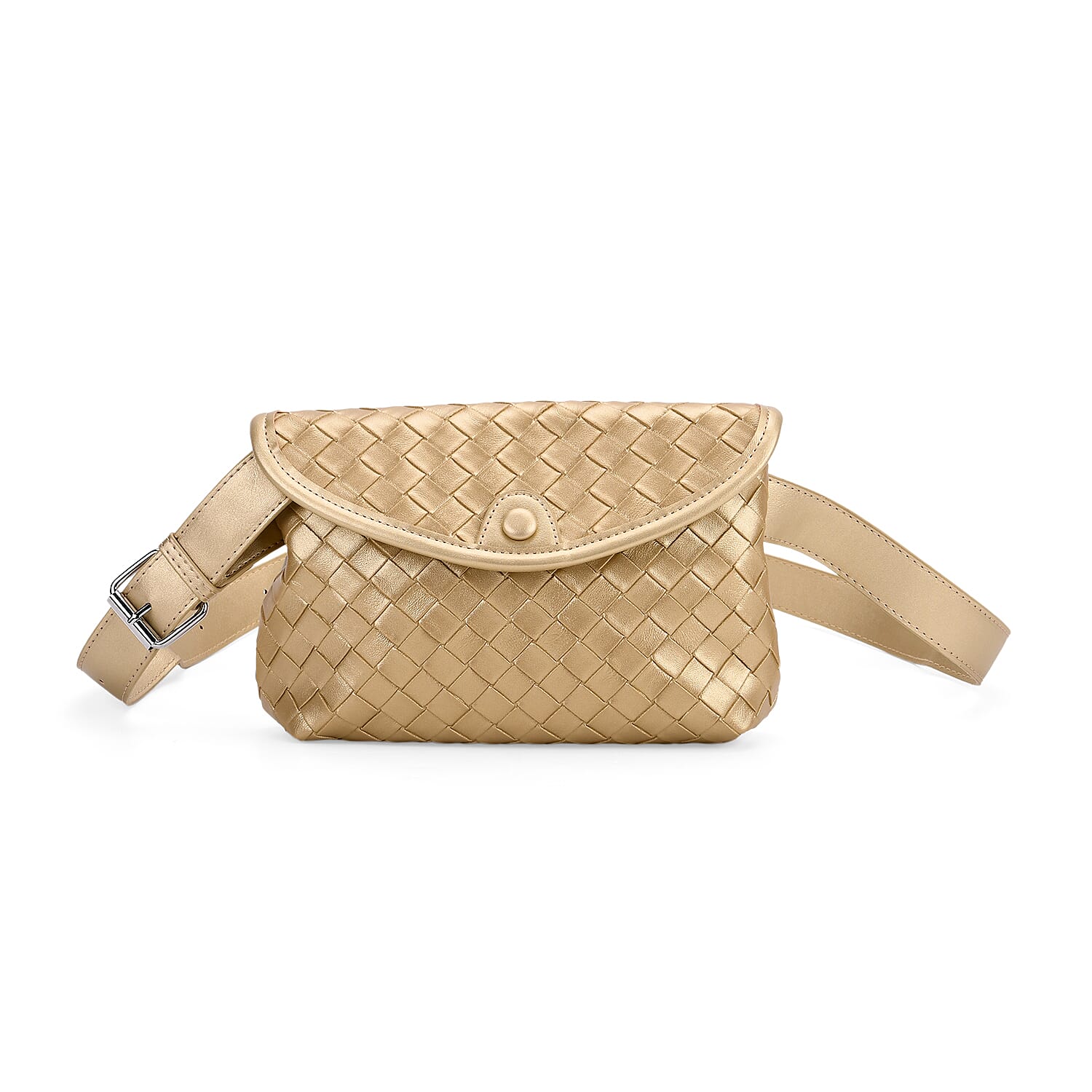 Woven Pattern Crossbody Bag with Flap Closure - Gold