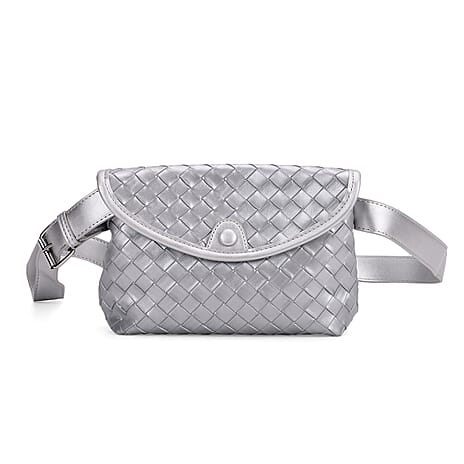 Woven Pattern Crossbody Bag with Flap Closure - Silver