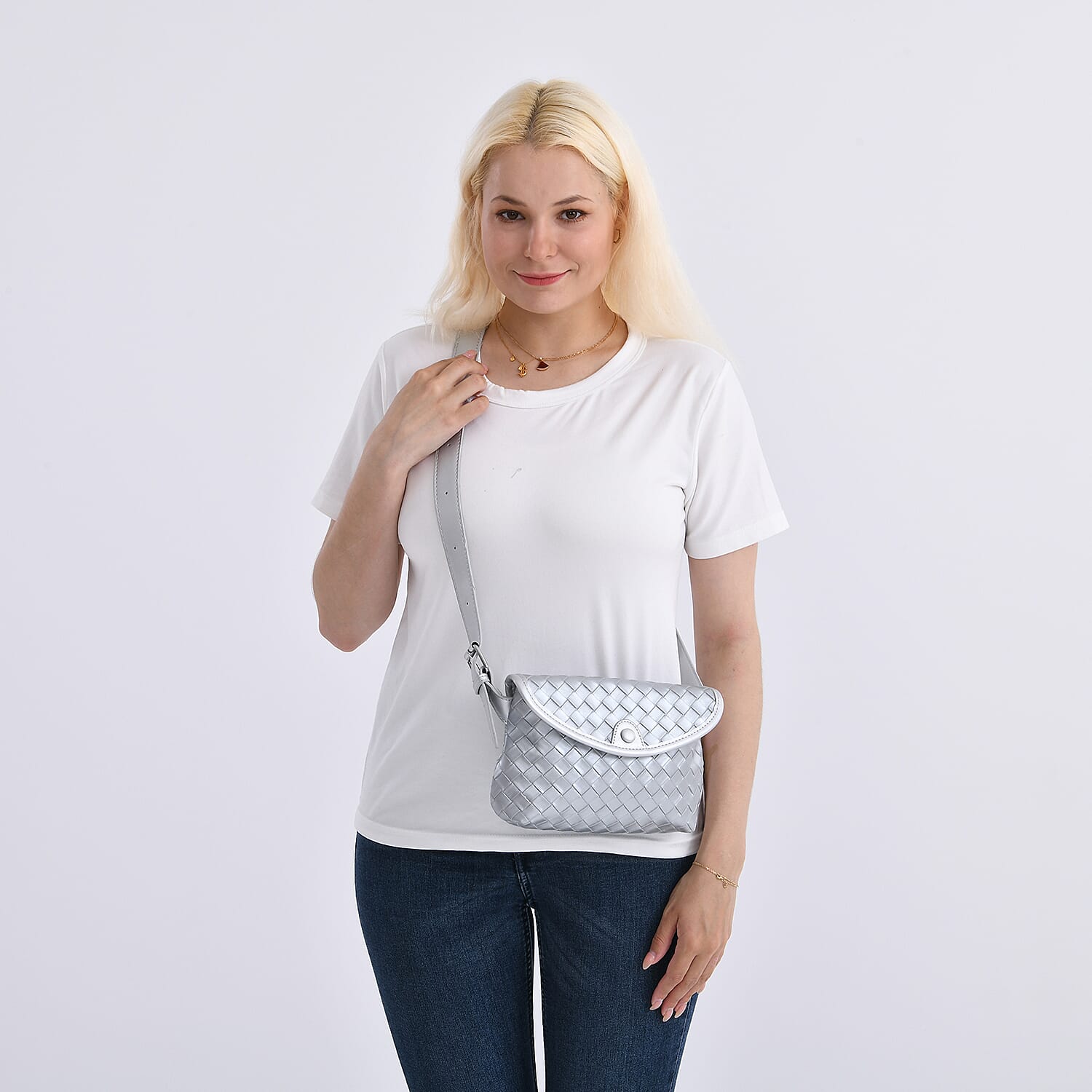 Woven Pattern Crossbody Bag with Flap Closure - Silver